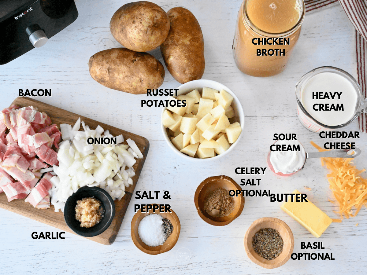 Labeled ingredients for Outback slow cooker potato soup.