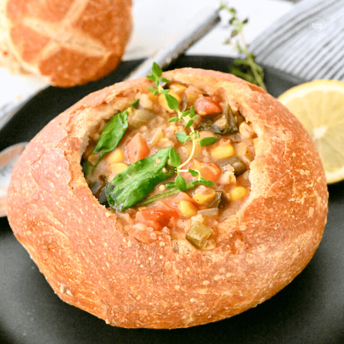 Panera Bread 10 Vegetable Soup in bread bowl.