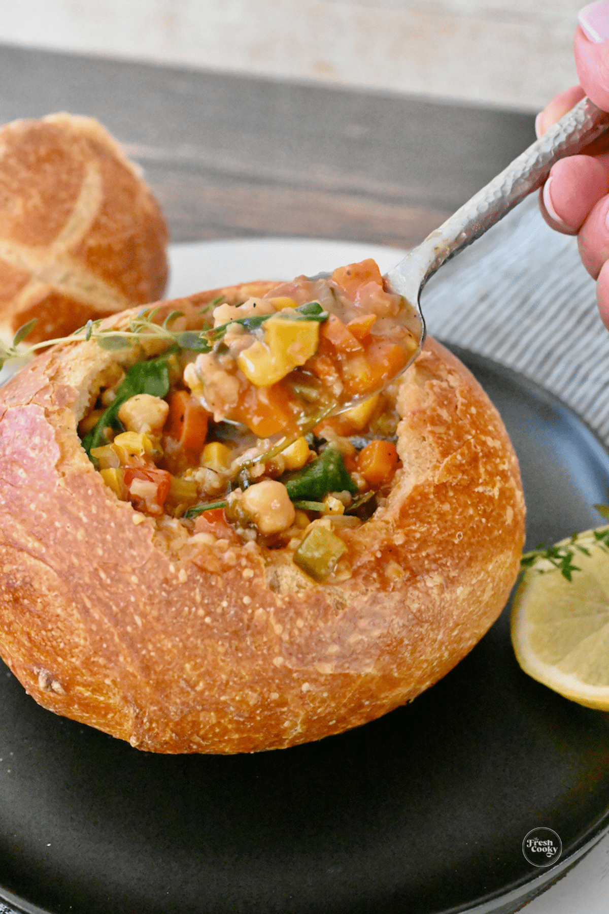 10 Vegetable soup in bread bowl, a Panera copycat recipe.