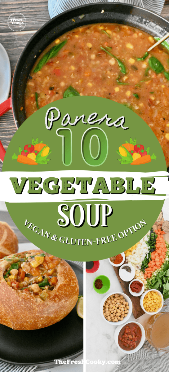 Panera bread 10 vegetable soup copycat recipe, in Dutch oven, bowl of soup and ingredients for soup, to pin.
