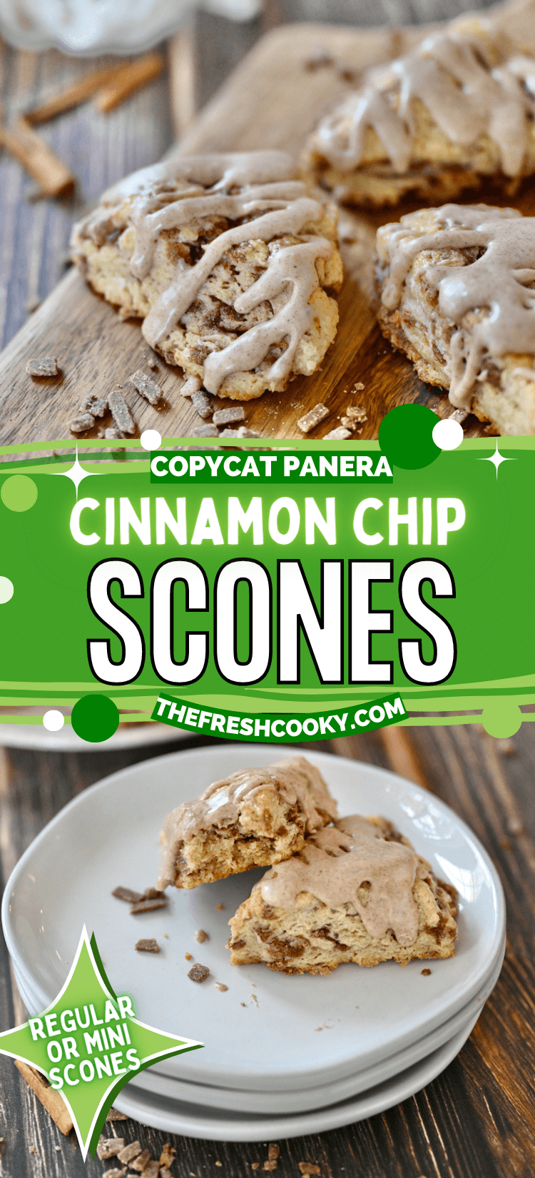 Copycat Panera Cinnamon Chip Scones on cutting board and with bite removed on a plate, to pin.