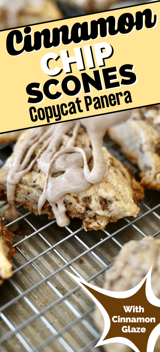 Copycat Panera Cinnamon Chip Scones with spoon drizzling glaze on top, for pinning.