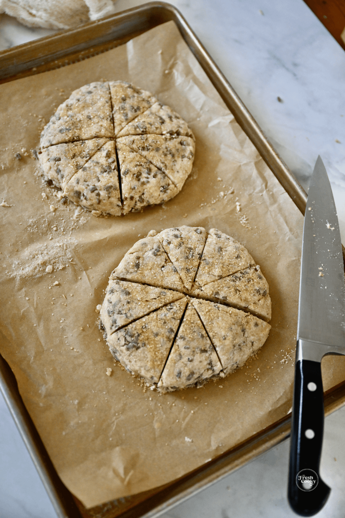 Scone discs cut into 8 scones each for 16 mini scones.