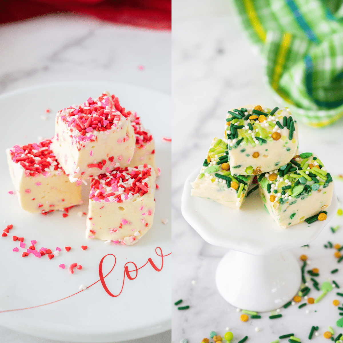 Sugar Cookie Fudge with different sprinkles for Valentine's day and St. Patrick's day.