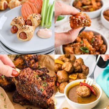 Super Bowl finger foods made in air fryer, pigs in a blanket, Korean chicken, turkey wings, Sausage bites.