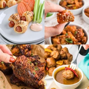 Super Bowl finger foods made in air fryer, pigs in a blanket, Korean chicken, turkey wings, Sausage bites.