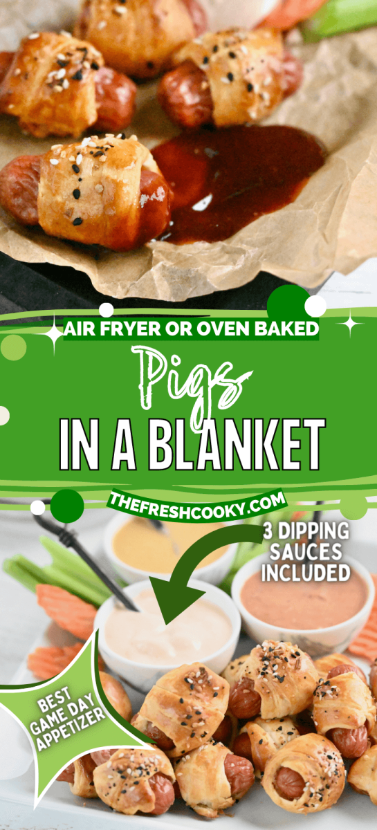 Easy appetizer! Pigs in a blanket are made even easier in the air fryer. Oven instructions too, with three delicious dipping sauces and oodles of ideas. 2 ingredients to make these mini pigs in a blanket or cocktail sausages, great for game day, Super Bowl parties, holiday parties and more! Recipe via @thefreshcooky #gamedayappetizer #airfryersnack #pigsinablanket
