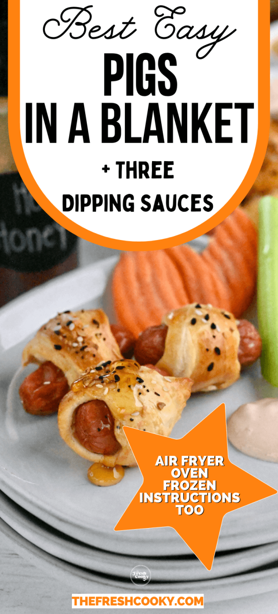 Three mini pigs in a blanket on a plate with celery and carrots for a great appetizer, to pin.