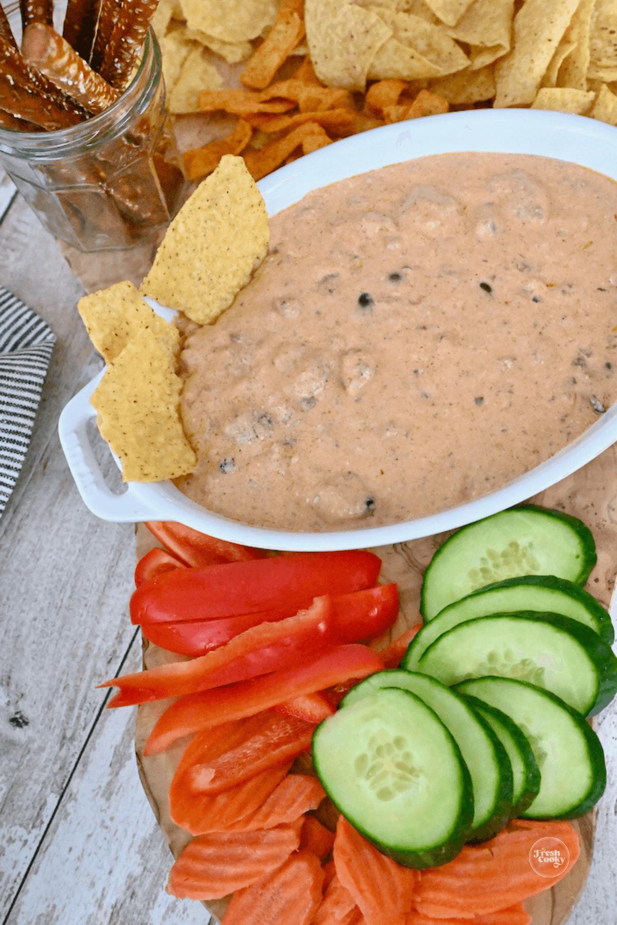 Keep it simple and don't add extra cheese to the top of this yummy 3 ingredient chili cheese dip.