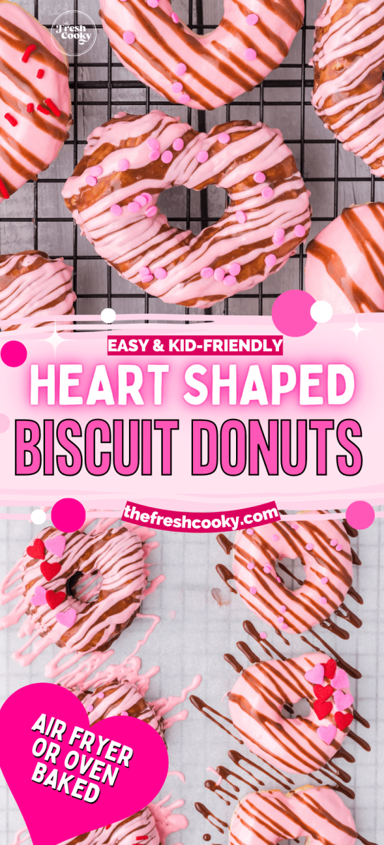 Heart shaped biscuit donuts with pink and chocolate glaze to pin.