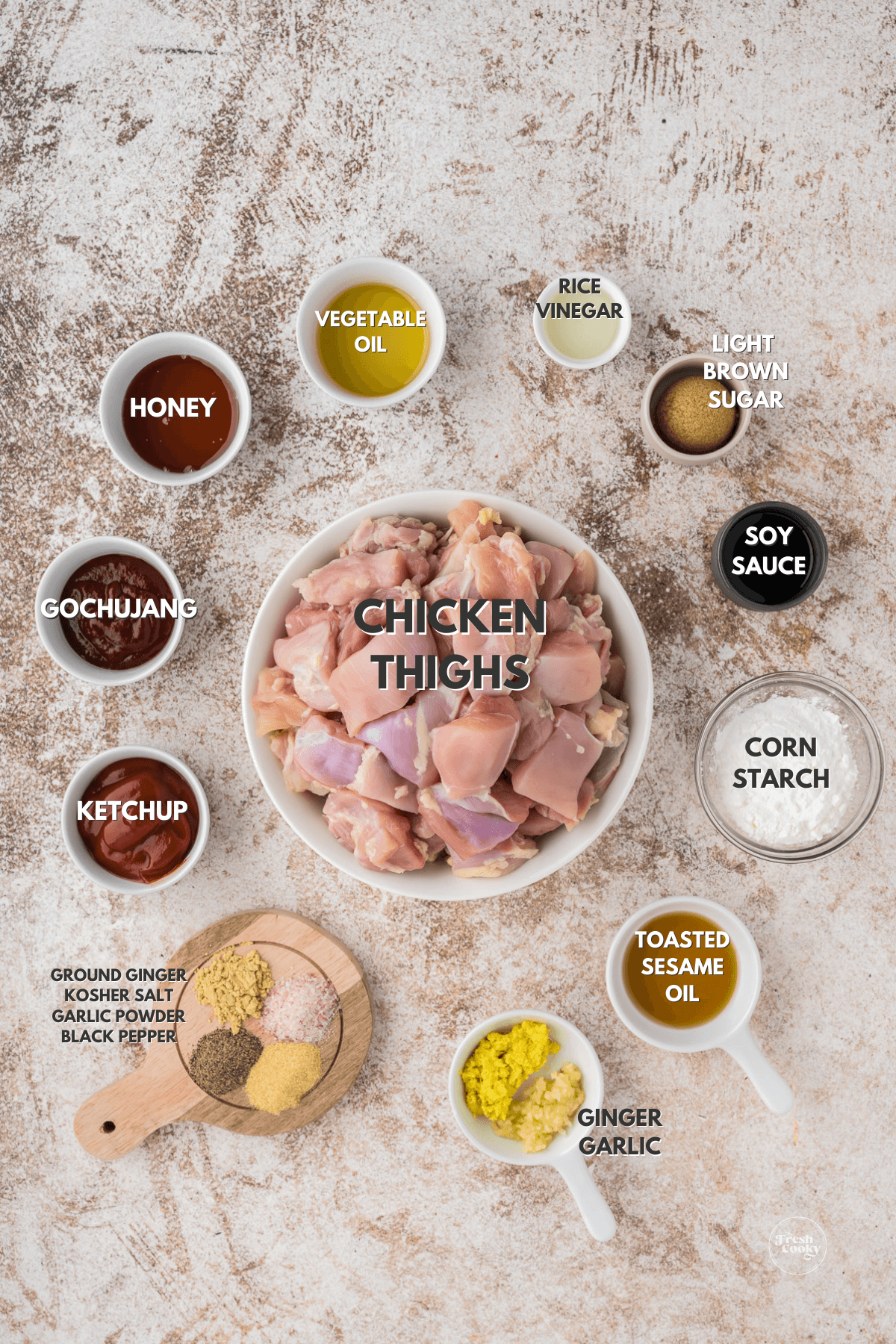 Labeled ingredients for Korean Fried Chicken.