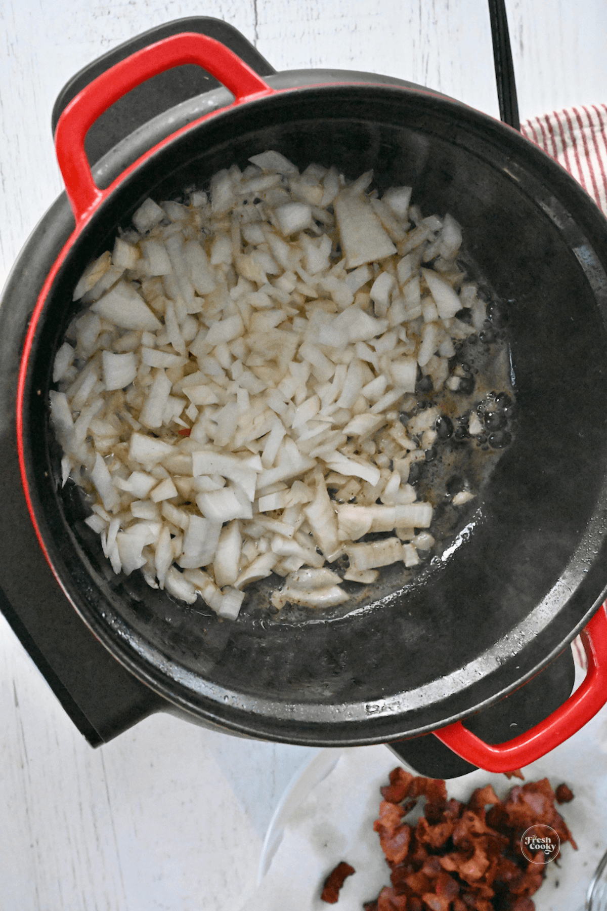 Saute onions in bacon grease. 