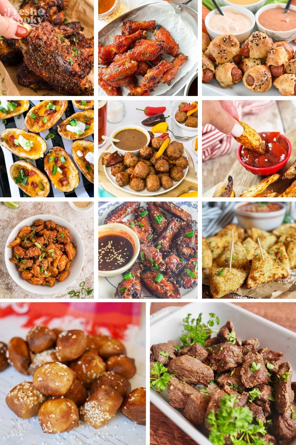 Pictures of various foods for the Super Bowl all made in an air fryer, like Italian sausages and peppers, potato skins, wings and more. 
