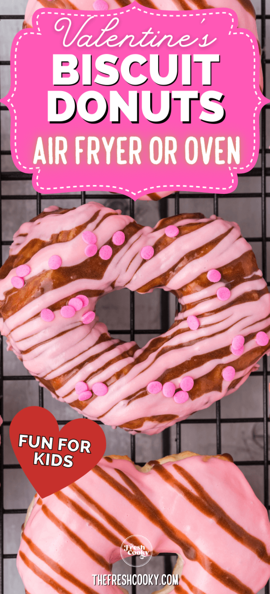 Chocolate and strawberry glazed heart shaped biscuit donuts in air fryer, to pin.