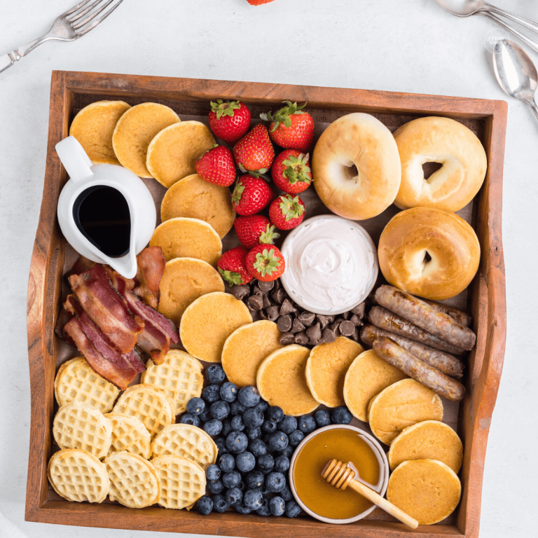 Easy breakfast pancake and waffle charcuterie board.