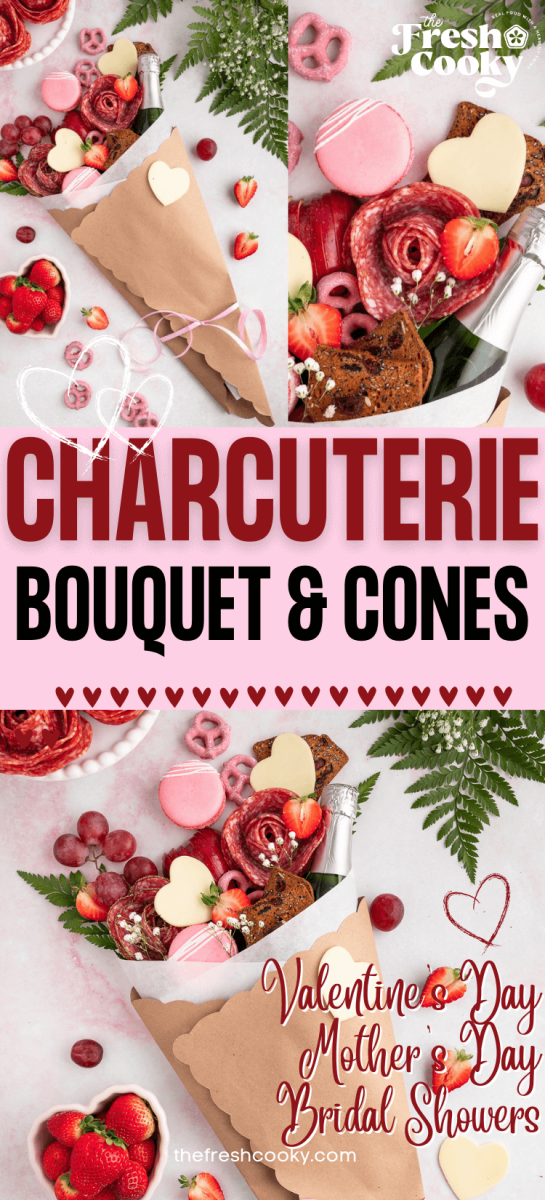 Charcuterie bouquets, with a red and pink theme, hearts, salami roses, in a bouquet paper. A unique edible bouquet to make for Valentine's day, Mother's day, Bridal and baby showers. Recipe via @thefreshcooky #uniquecharcuterie #charcuteriebouquet
