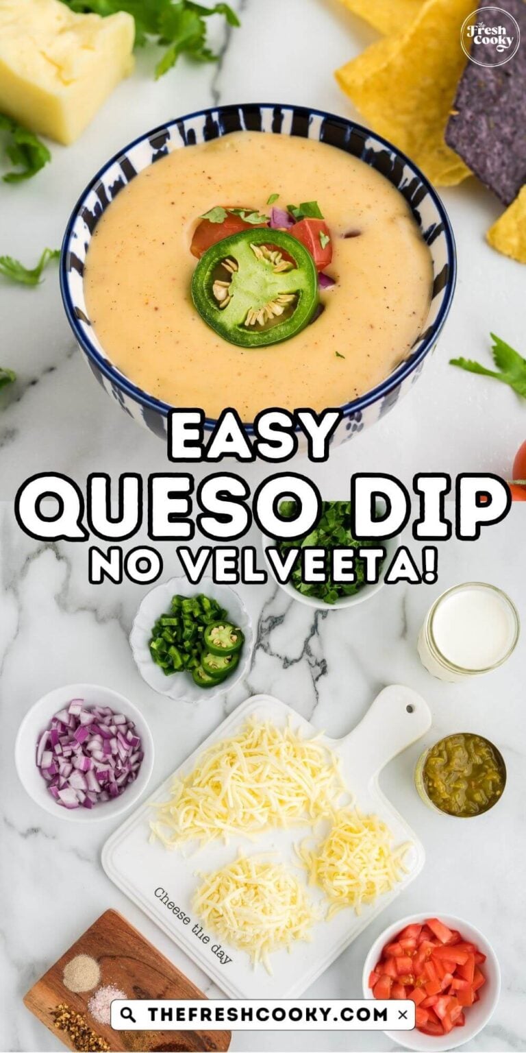 A pretty Mexican bowl full of no Velveeta queso cheese, with ingredients for pinning.