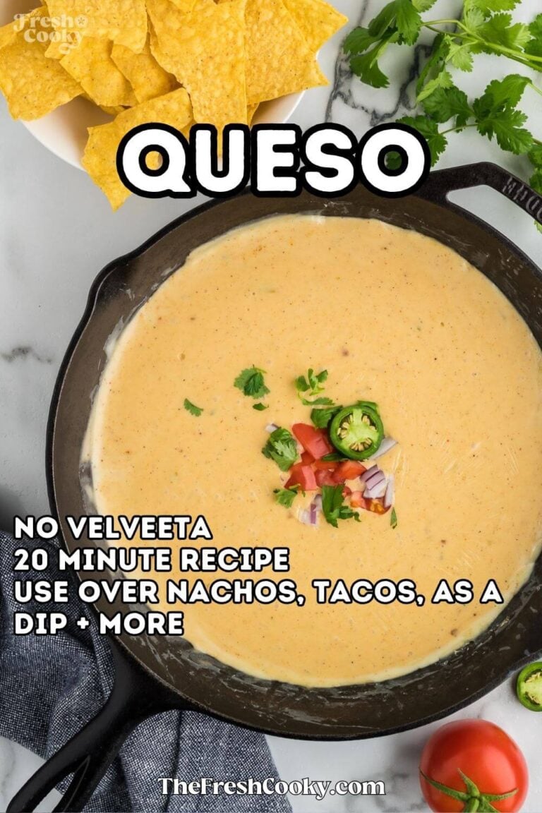 A cast iron skillet filled with queso cheese dip, for pinning.