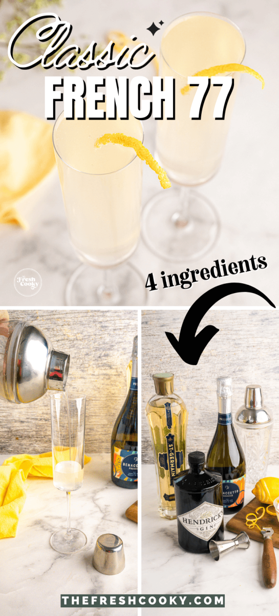 Classic French 75 cocktail with St Germain, Gin and Champagne, for pinning.