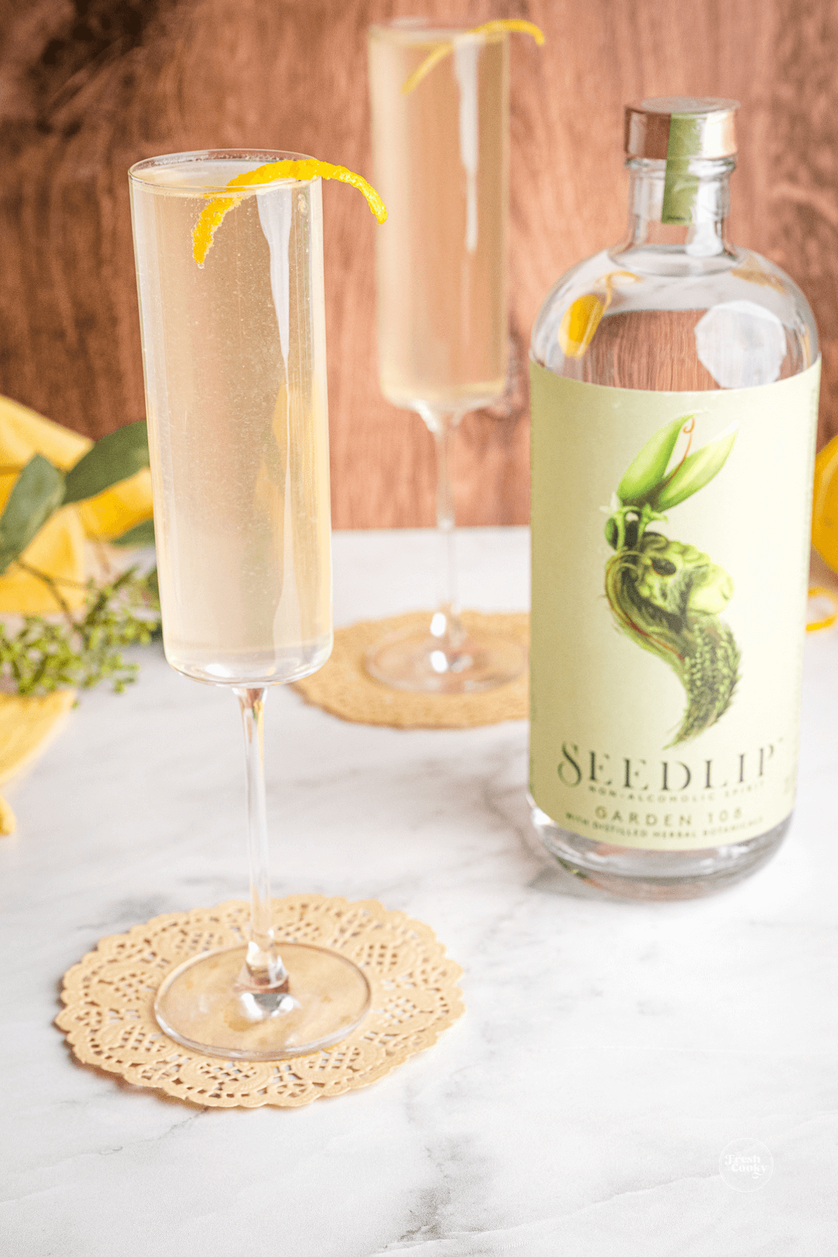 French 75 mocktail made with Seedlip non-alcoholic gin.