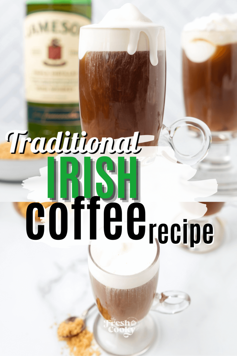 Traditional Irish coffee topped with whipped cream, ingredients in background, to pin.