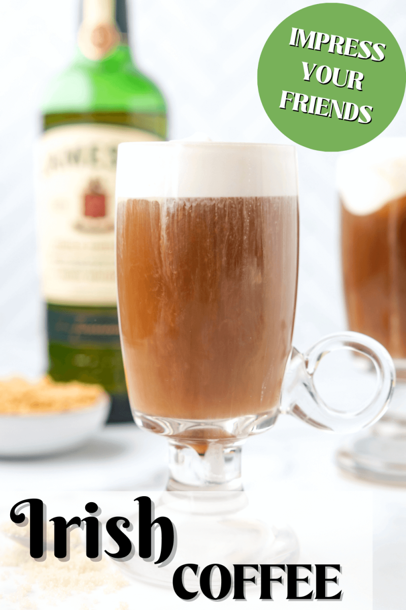 Glass mug with hot Irish coffee cocktail with another in background, for pinning.