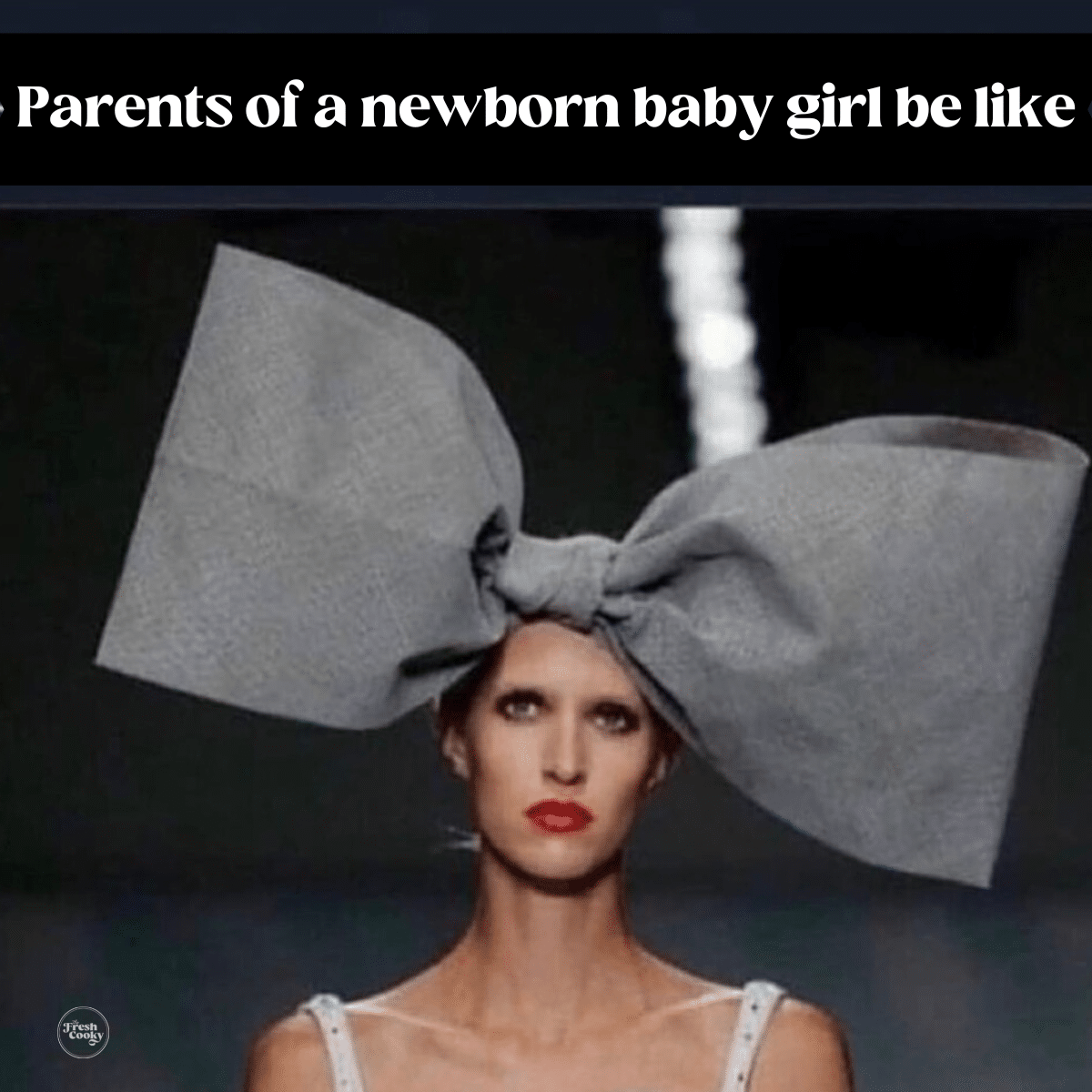 Parents of a baby girl be like, woman model with gigantic bow on her head.