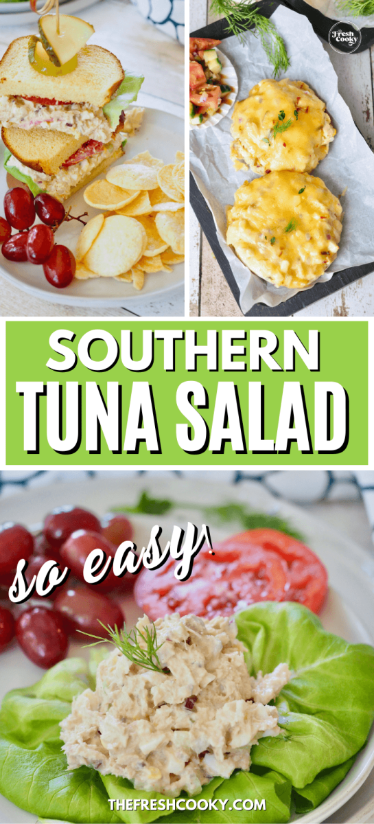 Easy Southern Tuna Salad as sandwich, tuna melts and low-carb tuna salad on lettuce - to pin.