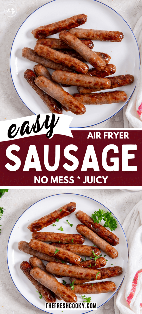 Easy air fryer sausage links on a plate, for pinning.