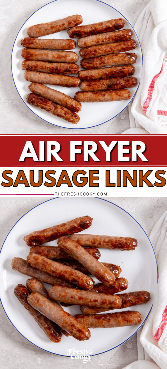 Air fryer sausage links on plate, for pinning.