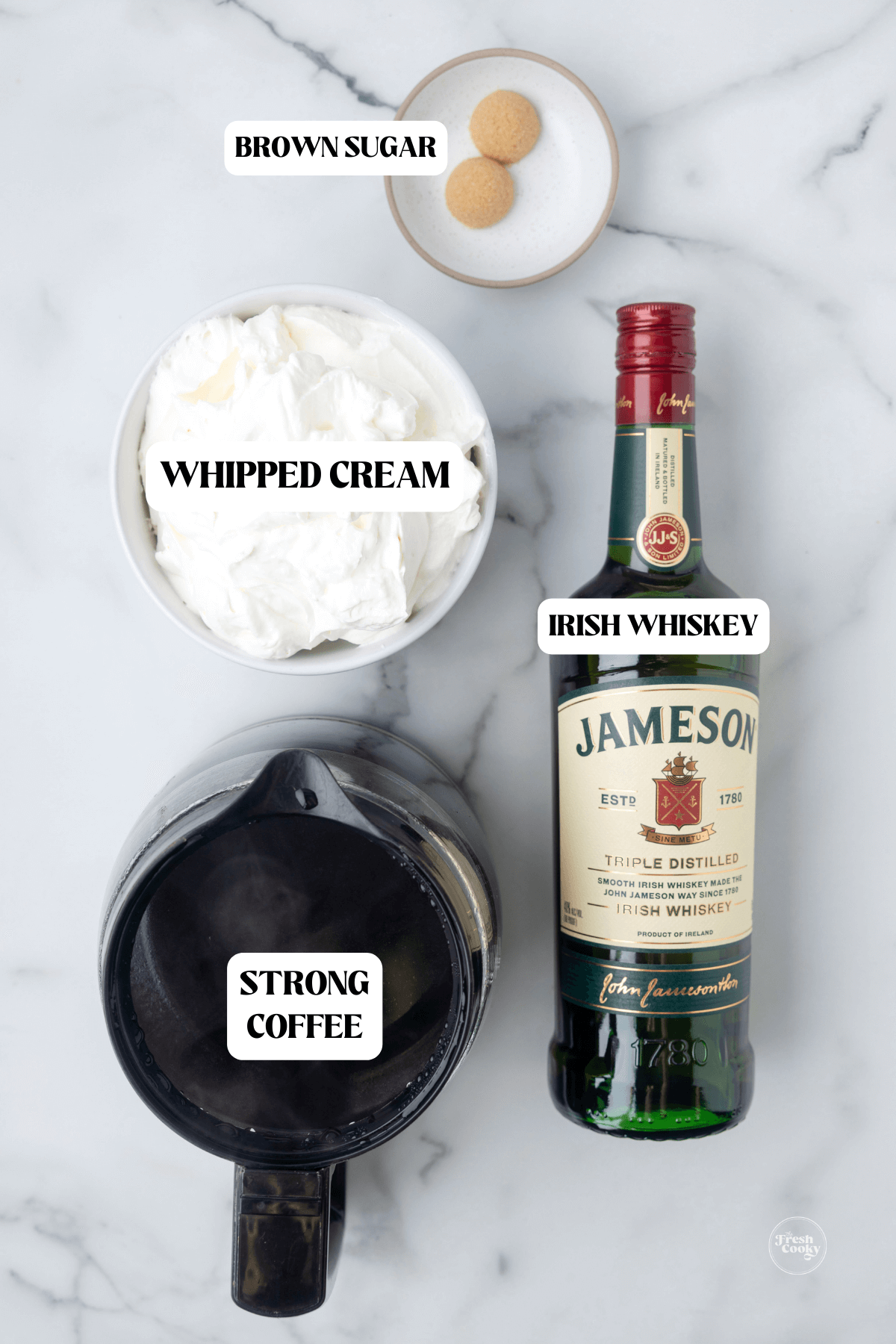Labeled Ingredients for Irish coffee cocktail recipe.