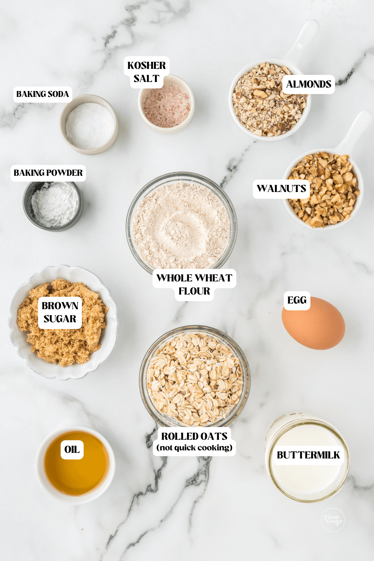 Labeled ingredients for harvest grain pancakes with nuts.