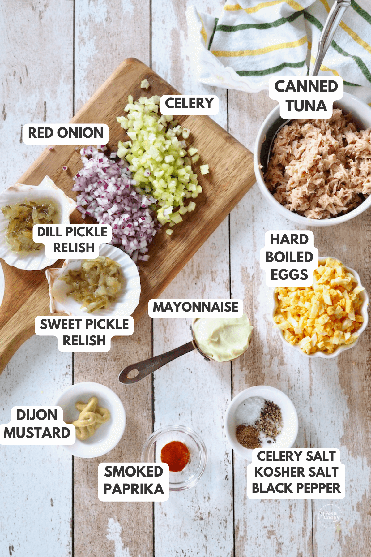 Labeled ingredients for southern tuna salad recipe.