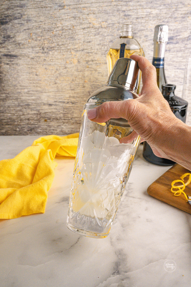 Shake gin, St. Germain and lemon juice vigorously.
