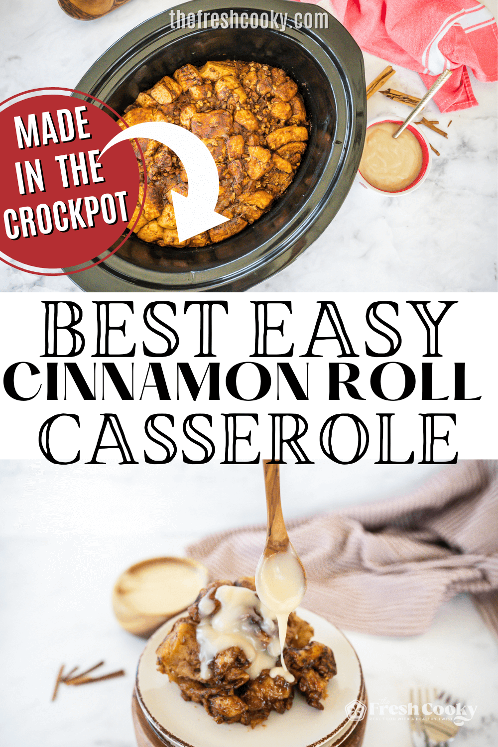 Best easy cinnamon roll casserole in crock pot and serving on plate, to pin.