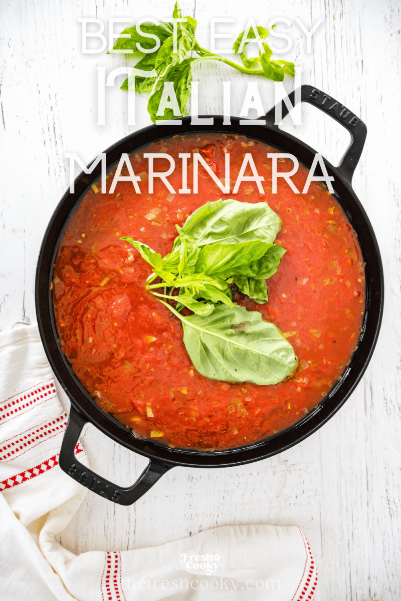 Quick and easy Italian marinara sauce with fresh basil in saucepan, to pin.