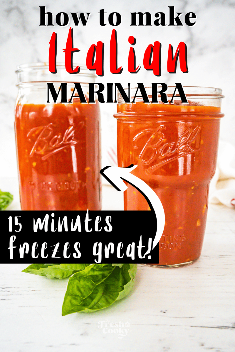 Jars filled with Marinara sauce with fresh basil, for pinning.