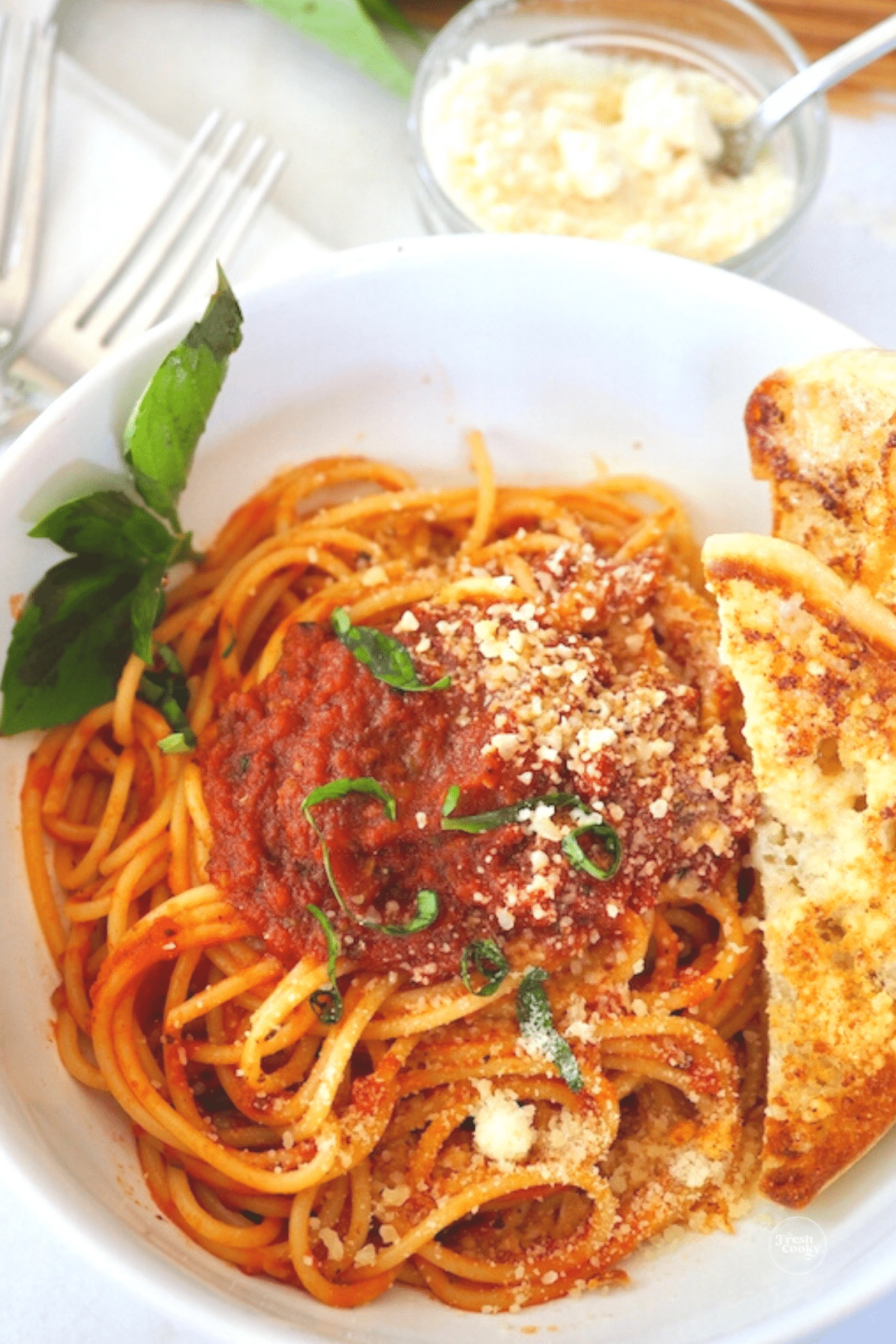San Marzano marinara sauce on spaghetti noodles.