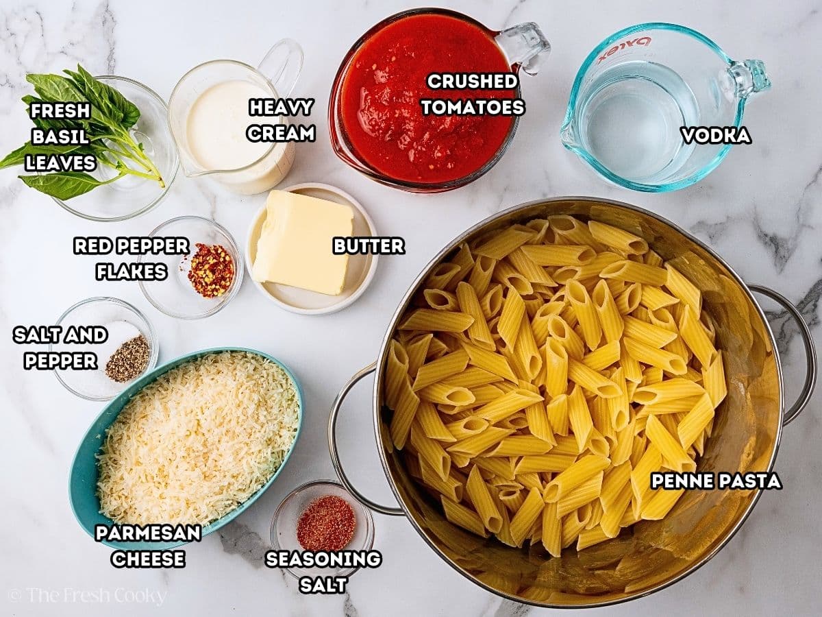 Labeled ingredients for penne alla vodka. 