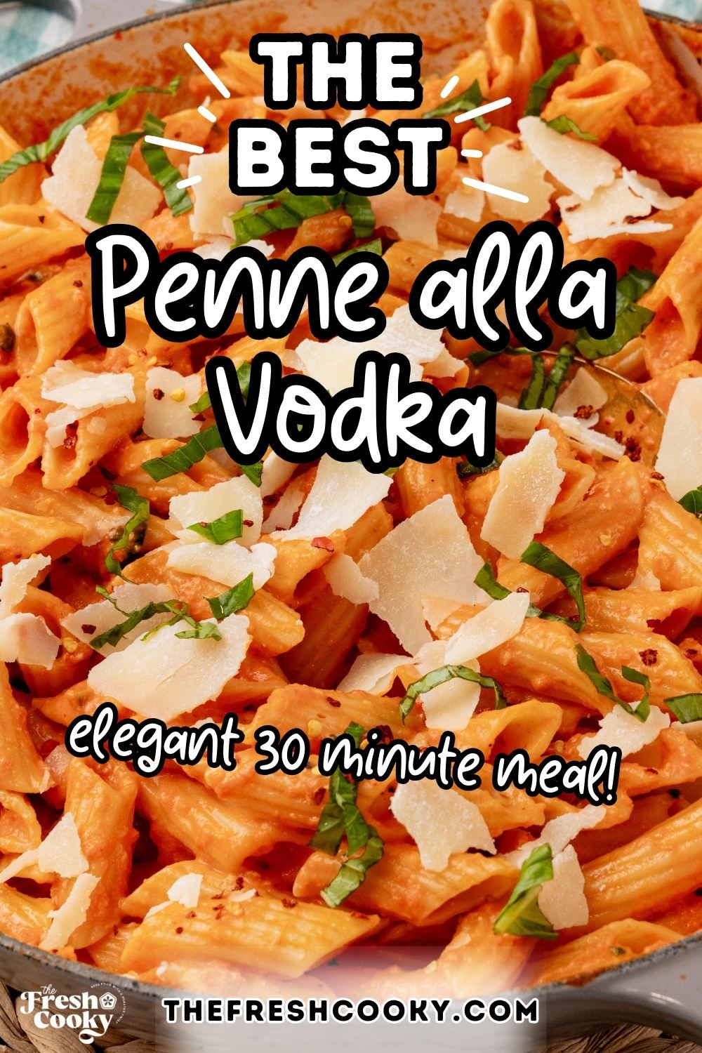 Close up of penne alla vodka in pan, for pinning. 