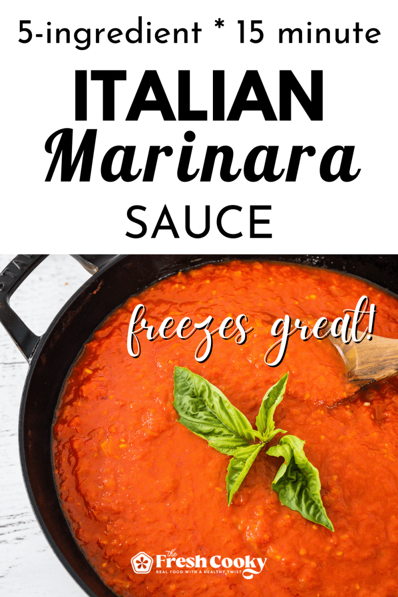 Saucepan with rich, thick, Italian marinara sauce topped with basil, to pin.