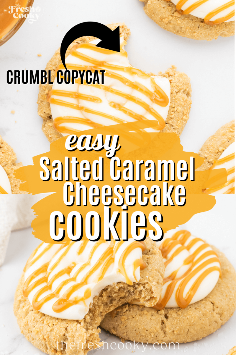 Salted caramel cheesecake cookies with bite taken out, on marble background, to pin.