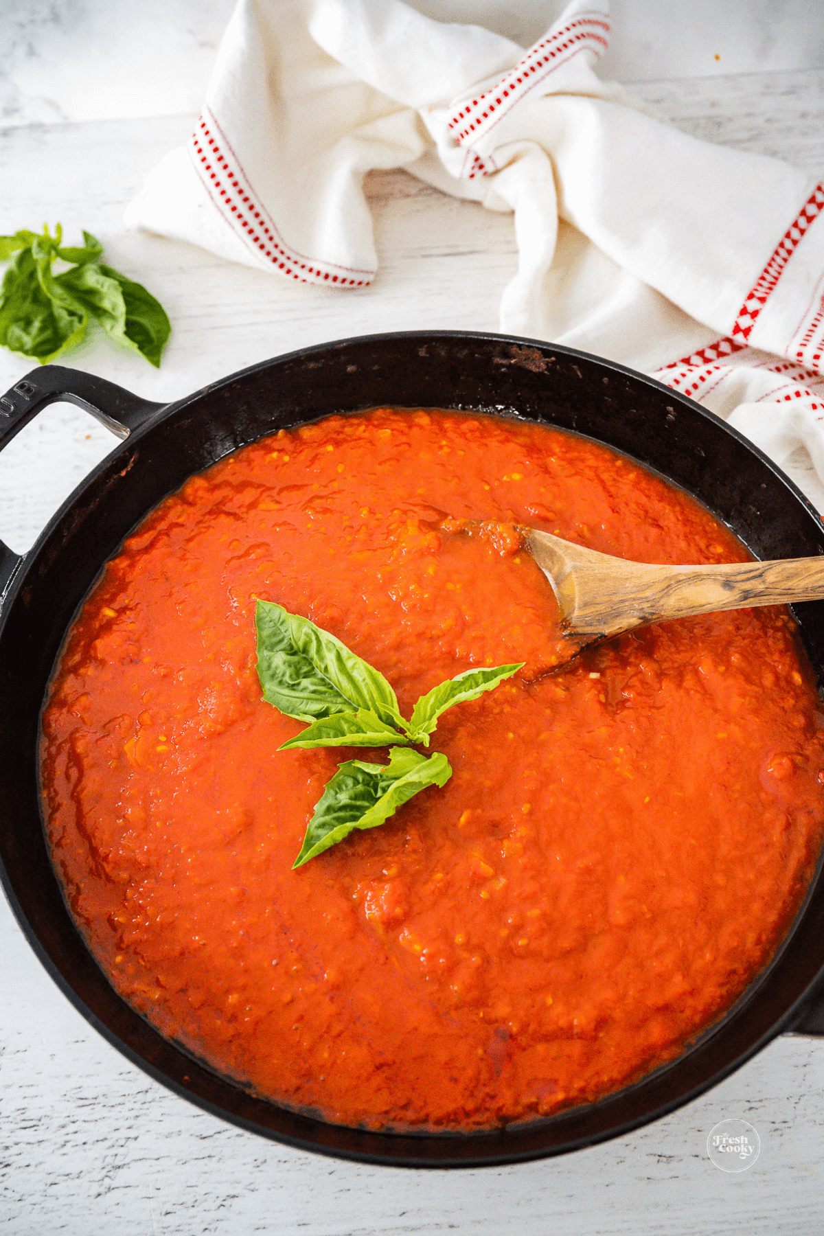 Italian Marinara sauce in saucepan, ready to serve.