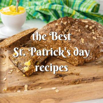 Irish brown bread on cutting board with copy overlay The Best St. Patrick's day recipes, to share on social media.
