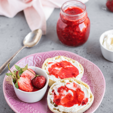 Strawberry Freezer jam, spread onto toasted english muffins.