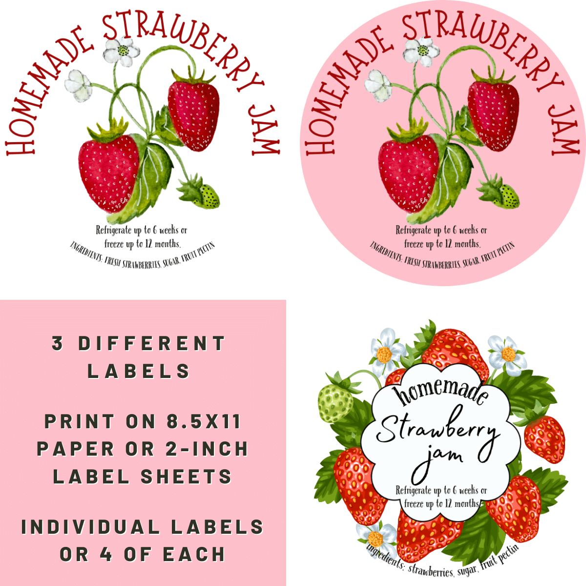Three designs to choose from for Strawberry Freezer Jam Labels. 