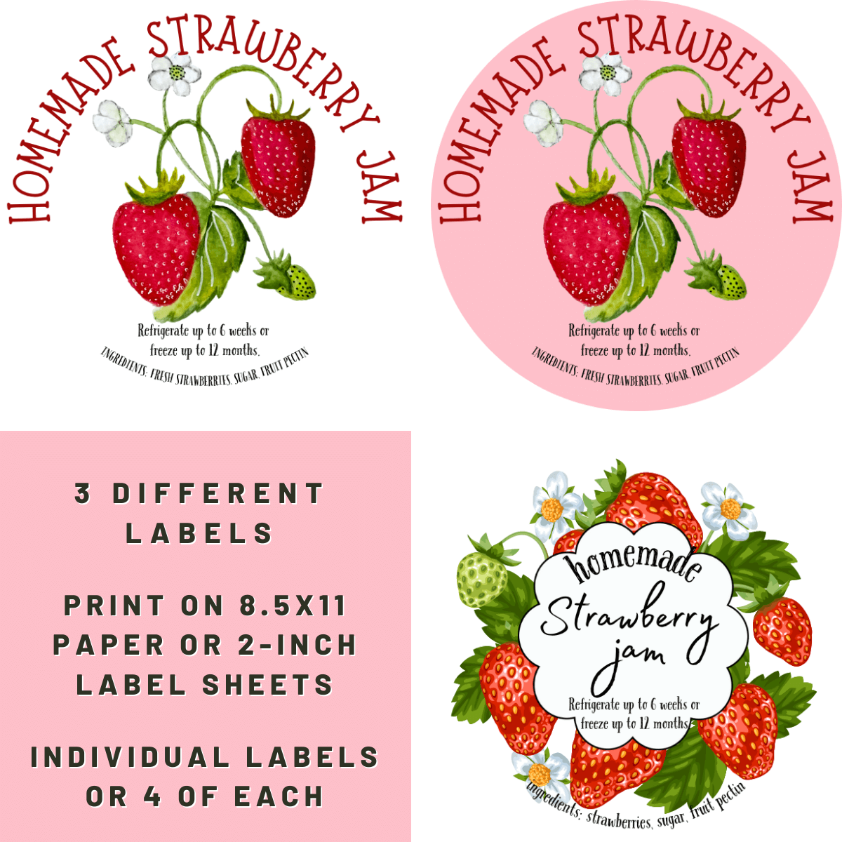 Three designs to choose from for Strawberry Freezer Jam Labels.