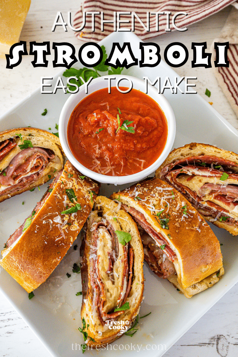 Italian Stromboli recipe, slices on a plate with marinara dipping sauce, for pinning.