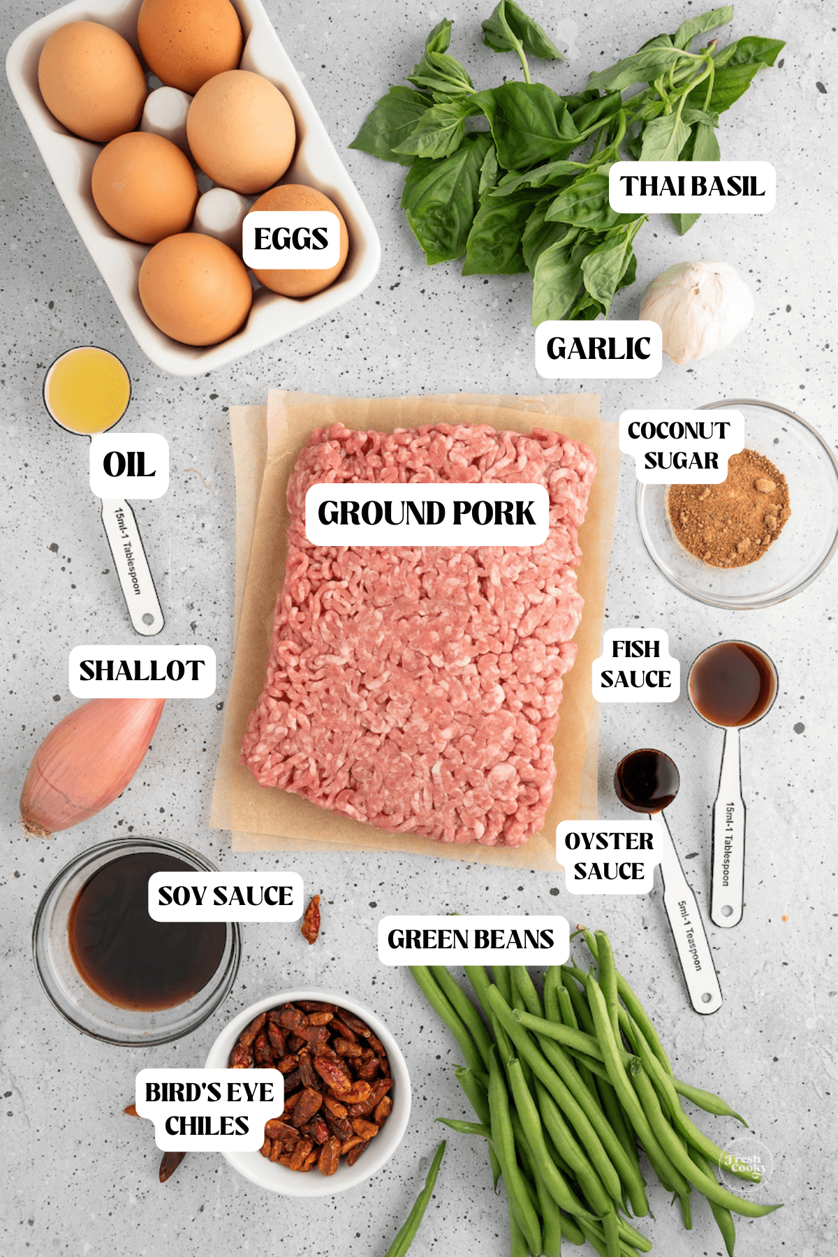 Labeled ingredients for Thai ground pork stir fry.
