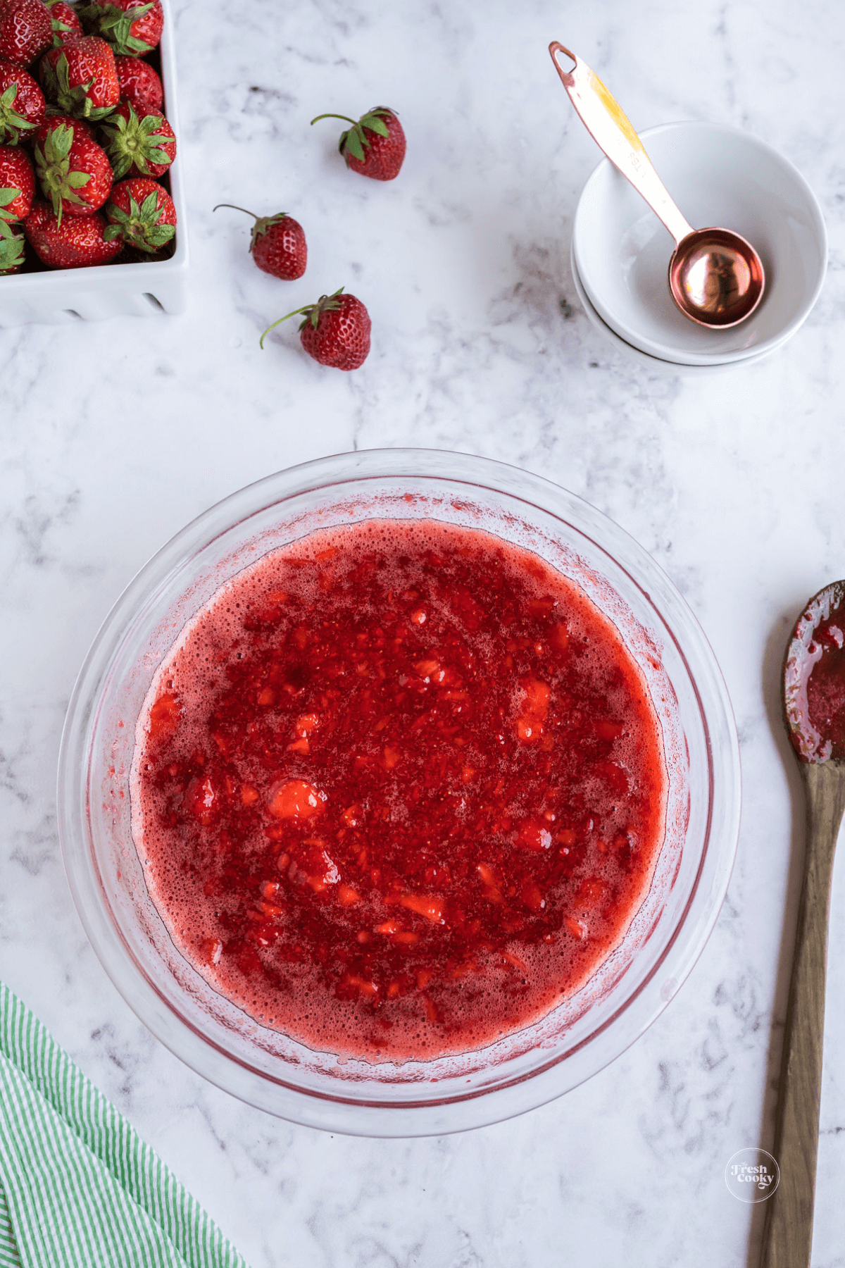 Freezer jam ready to be poured into jars.